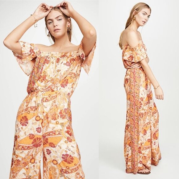 Free People Bohemian Wide Leg Orange Yellow Floral Jumpsuit Carmen Smock XS Boho - Picture 4 of 15